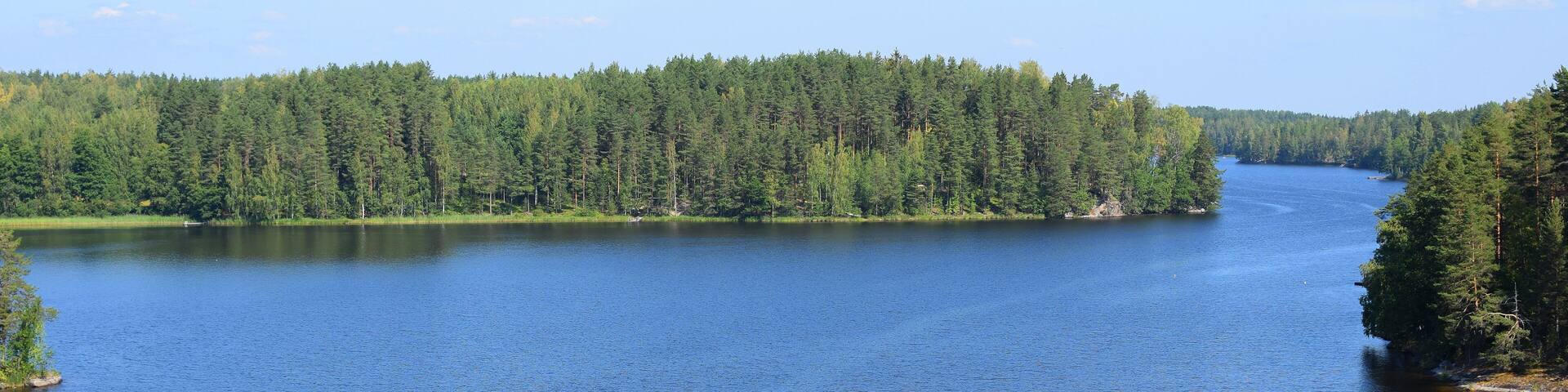 Scenic view to lake Saimaa from Toijansalmi bridge, Taipalsaari, Finland. Beautiful summer day, water surface is almost calm, just a little ripples.