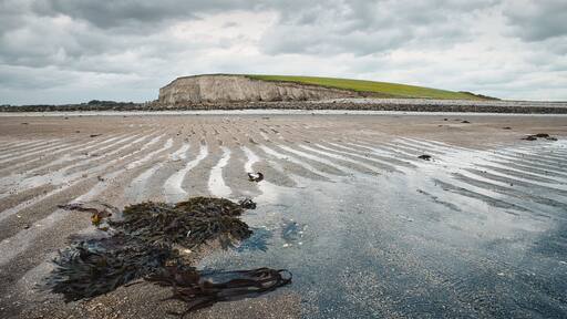 Beautiful coastal landscape at Silverstrand in Galway Ireland showing sandy beach, tidal water, and green cliffs, nature background