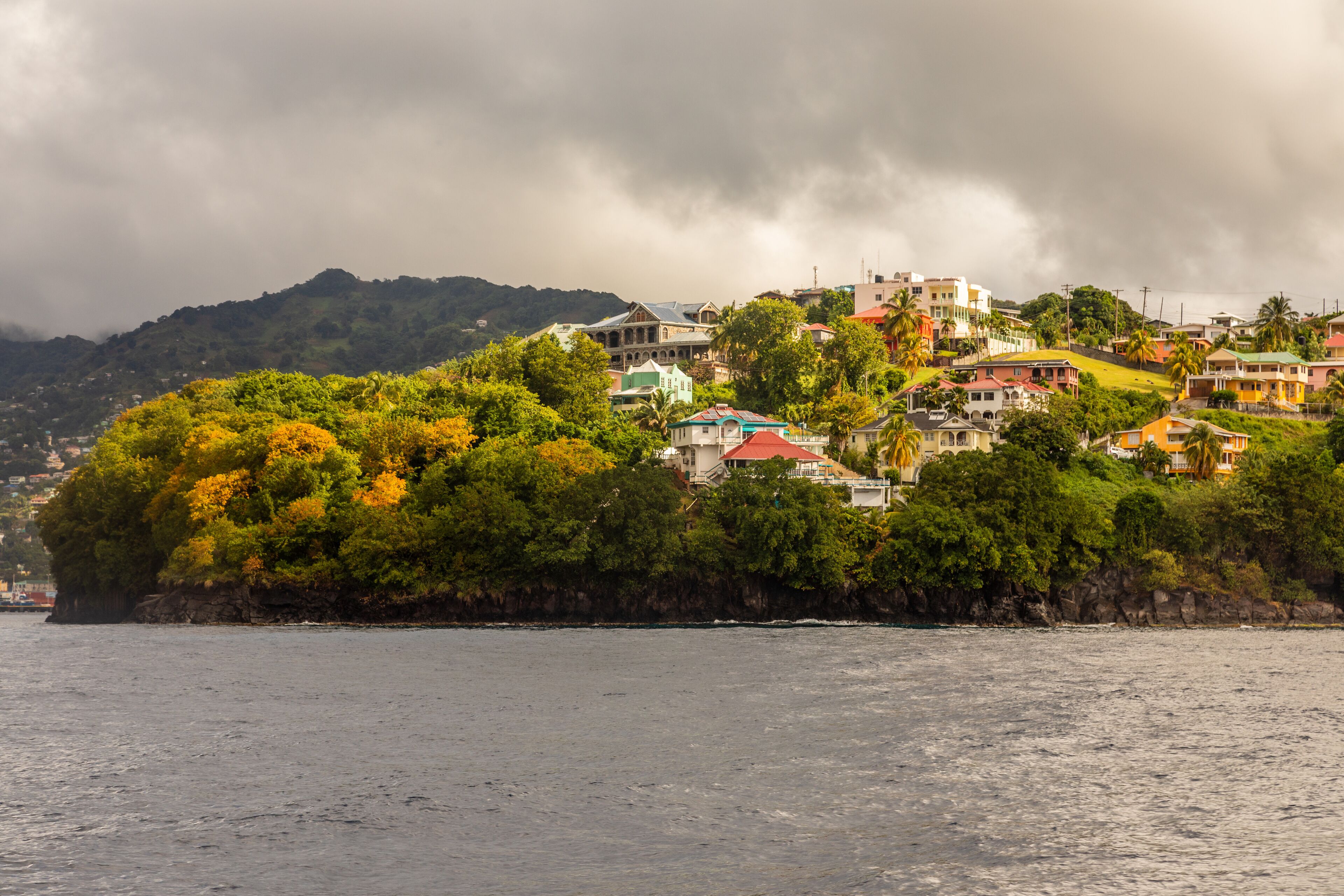 Coastline view with lots of villas on the hill, Kingstown, Saint Vincent and the Grenadines