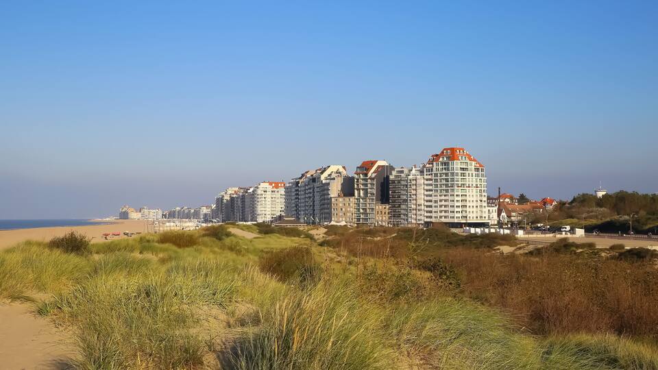 A coastal cityscape with high-rise buildings and dunes.