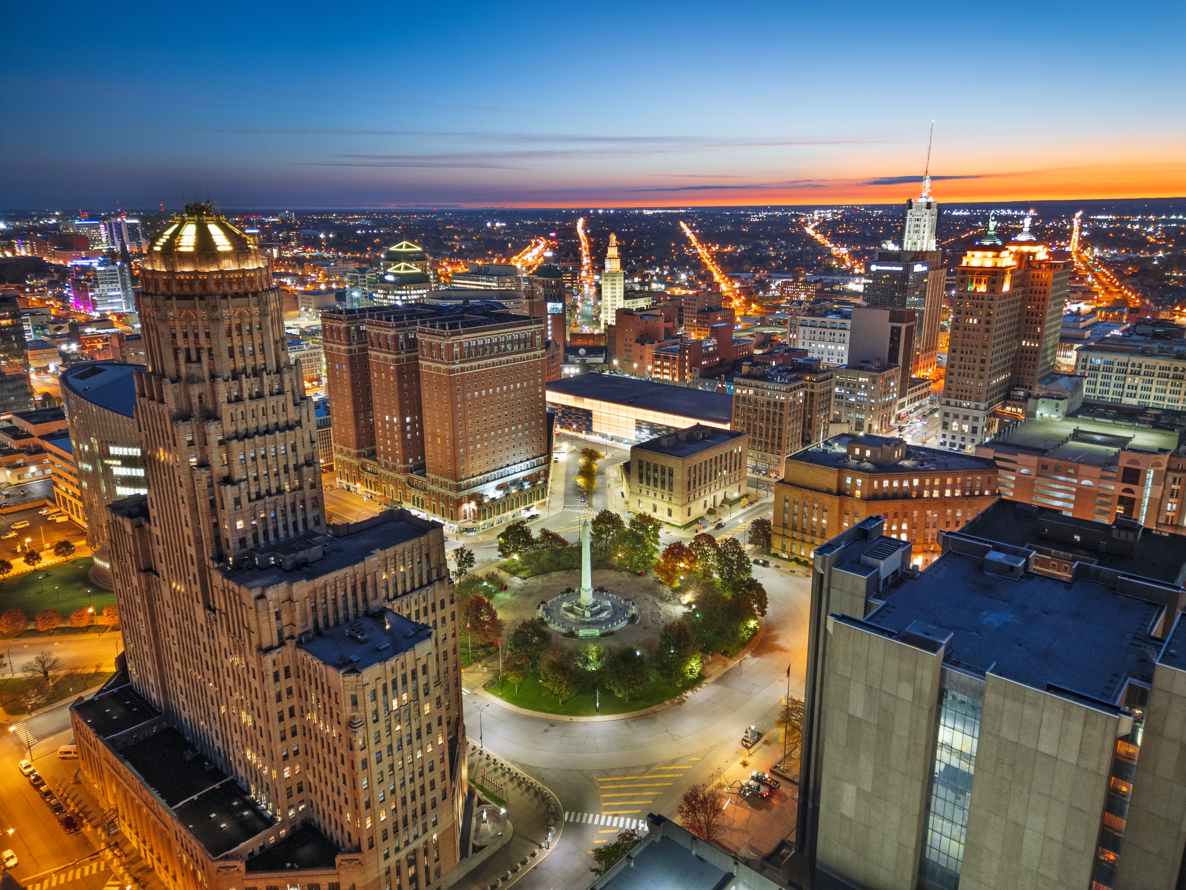 Buffalo, New York, USA evening time lapse over Niagara Square.