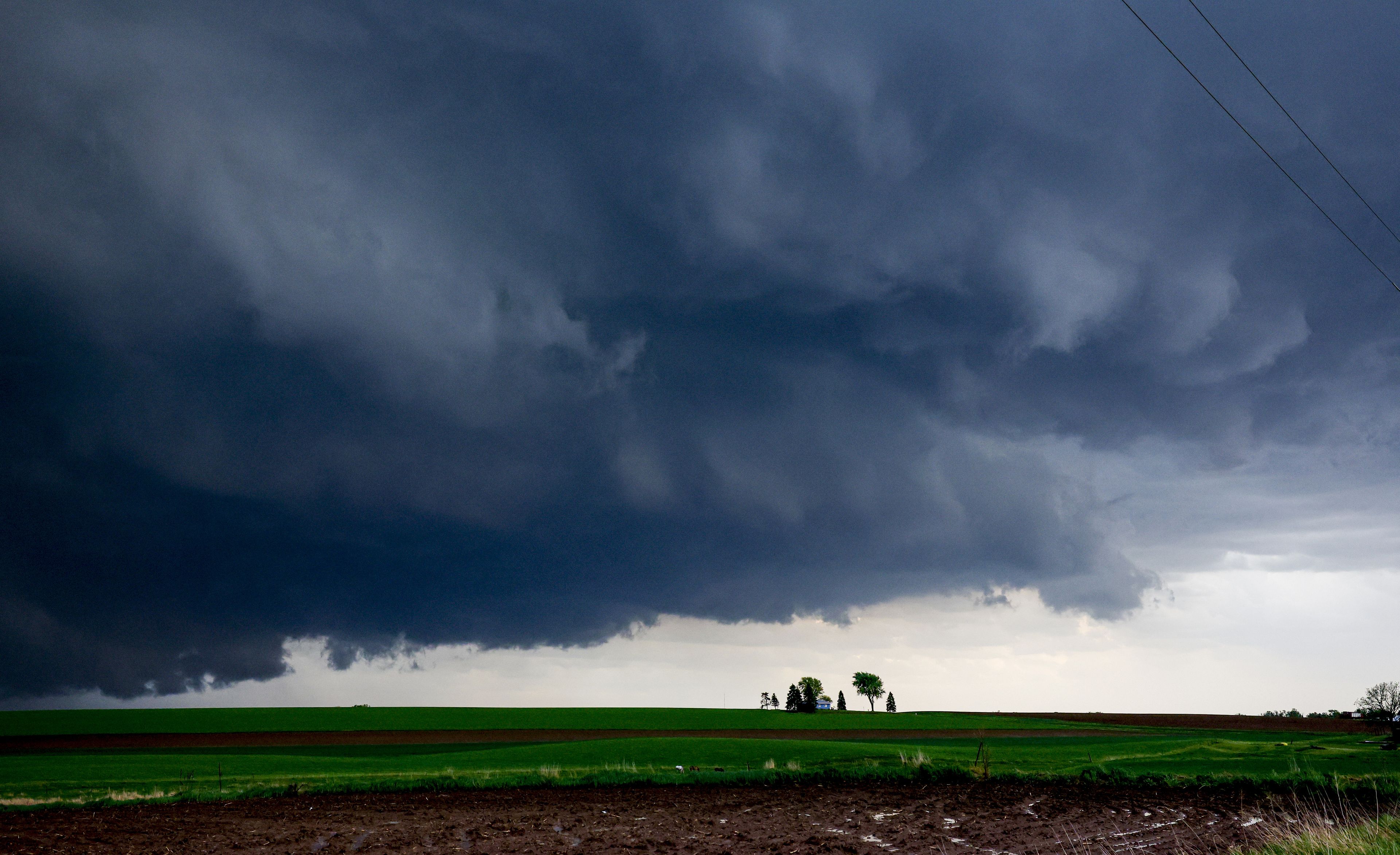 A stormy sky over a green field with a few trees and a distant building.