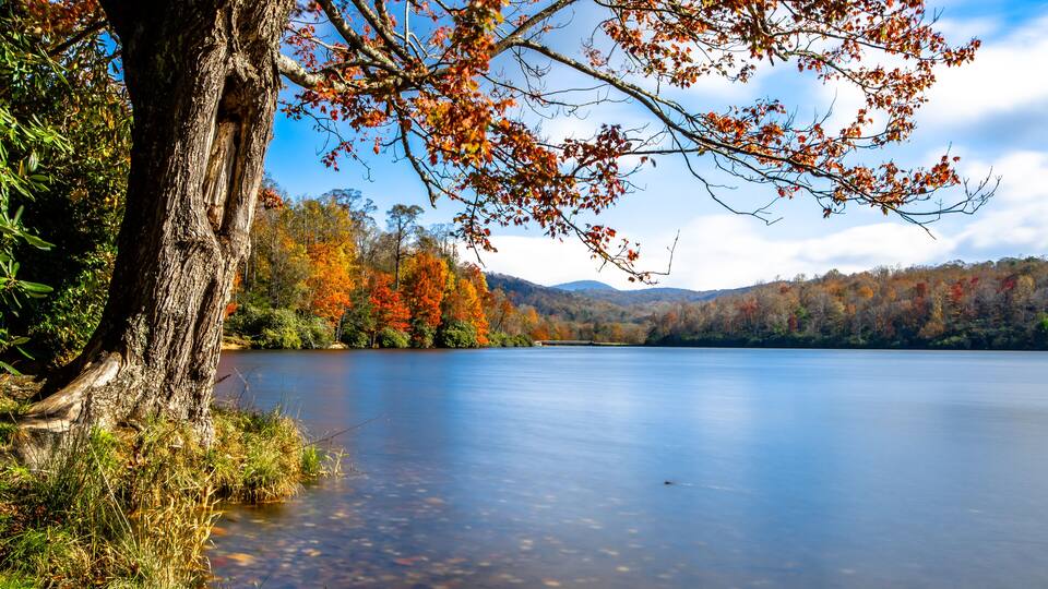 A calm lake surrounded by autumn foliage and a clear sky.