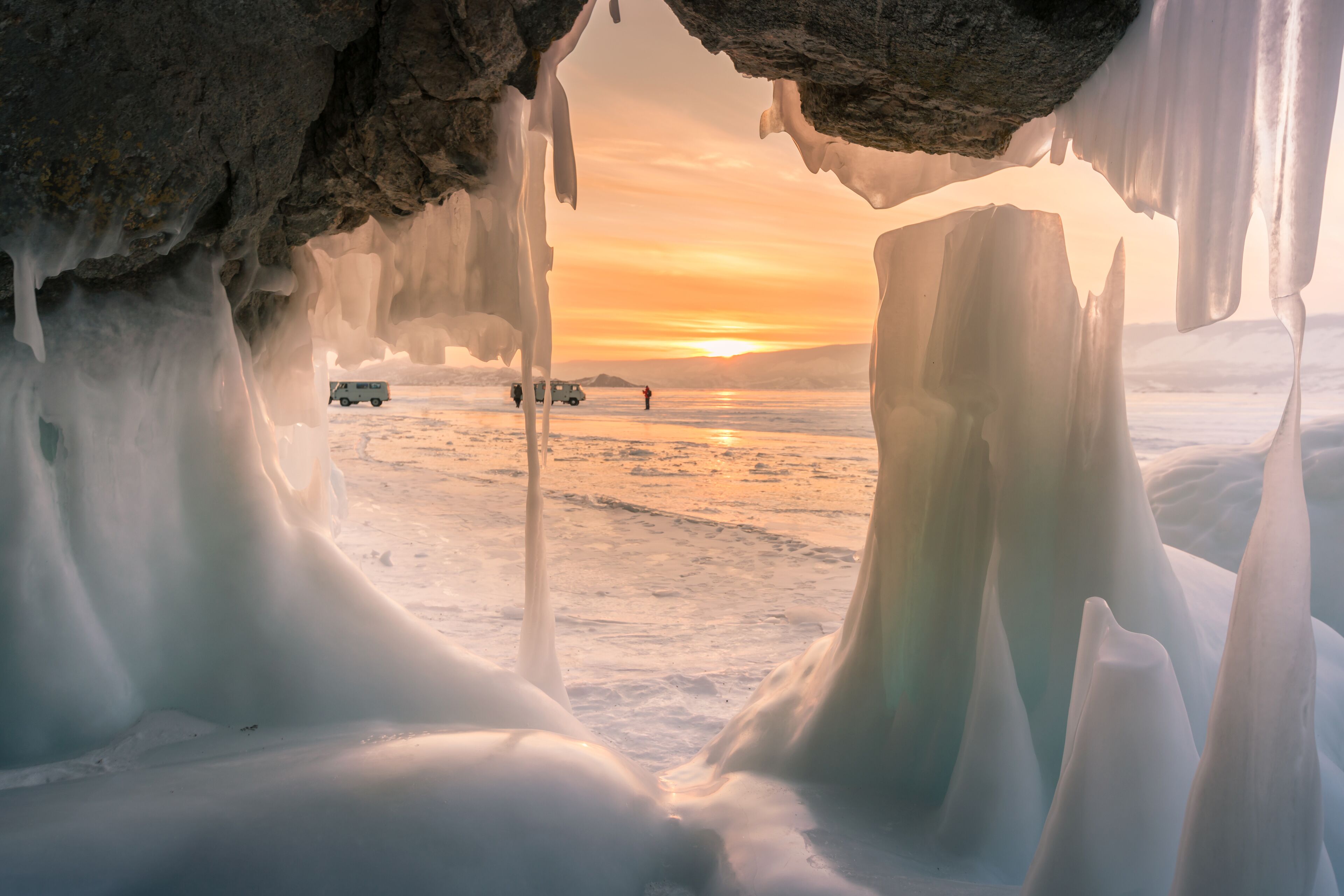Freezing Ice cave beautiful after sunset sky, Baikal Southen Siberia Russia winter season natural landscape
