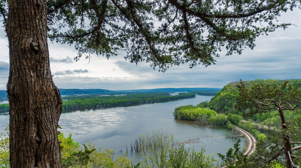 Mississippi River in Effigy Mounds National Monument. Fire Point view of Mississippi River Gorge from the top of the bluff. Iowa and Wisconsin border. Spring flood stage.
