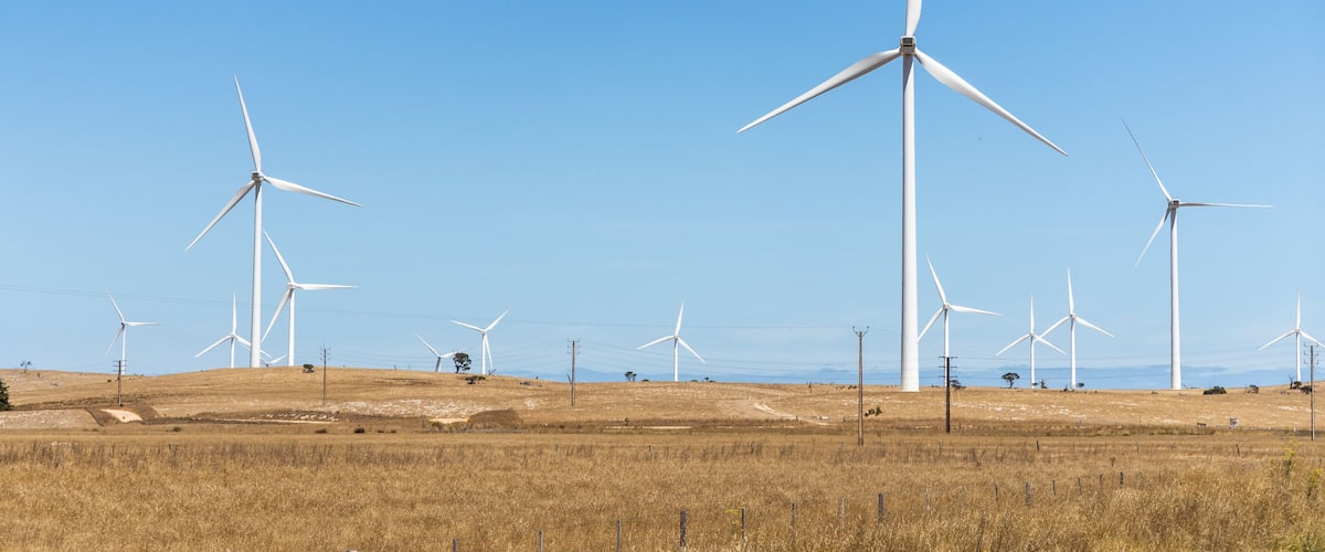 A wind farm with multiple wind turbines in a dry grass field.