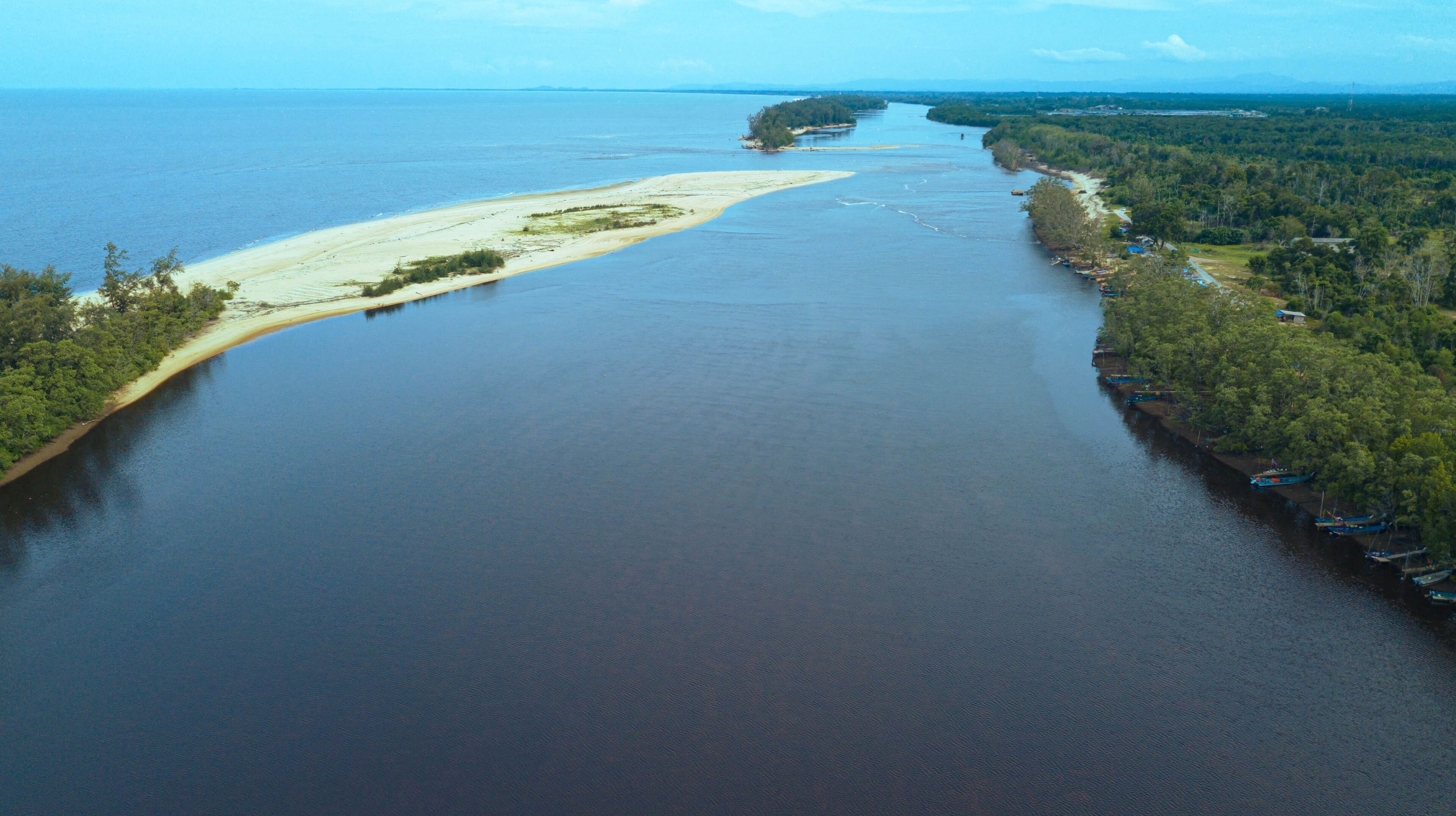 Aerial drone view of coastline scenery in Kampung Badong, Pekan, Pahang, Malaysia.