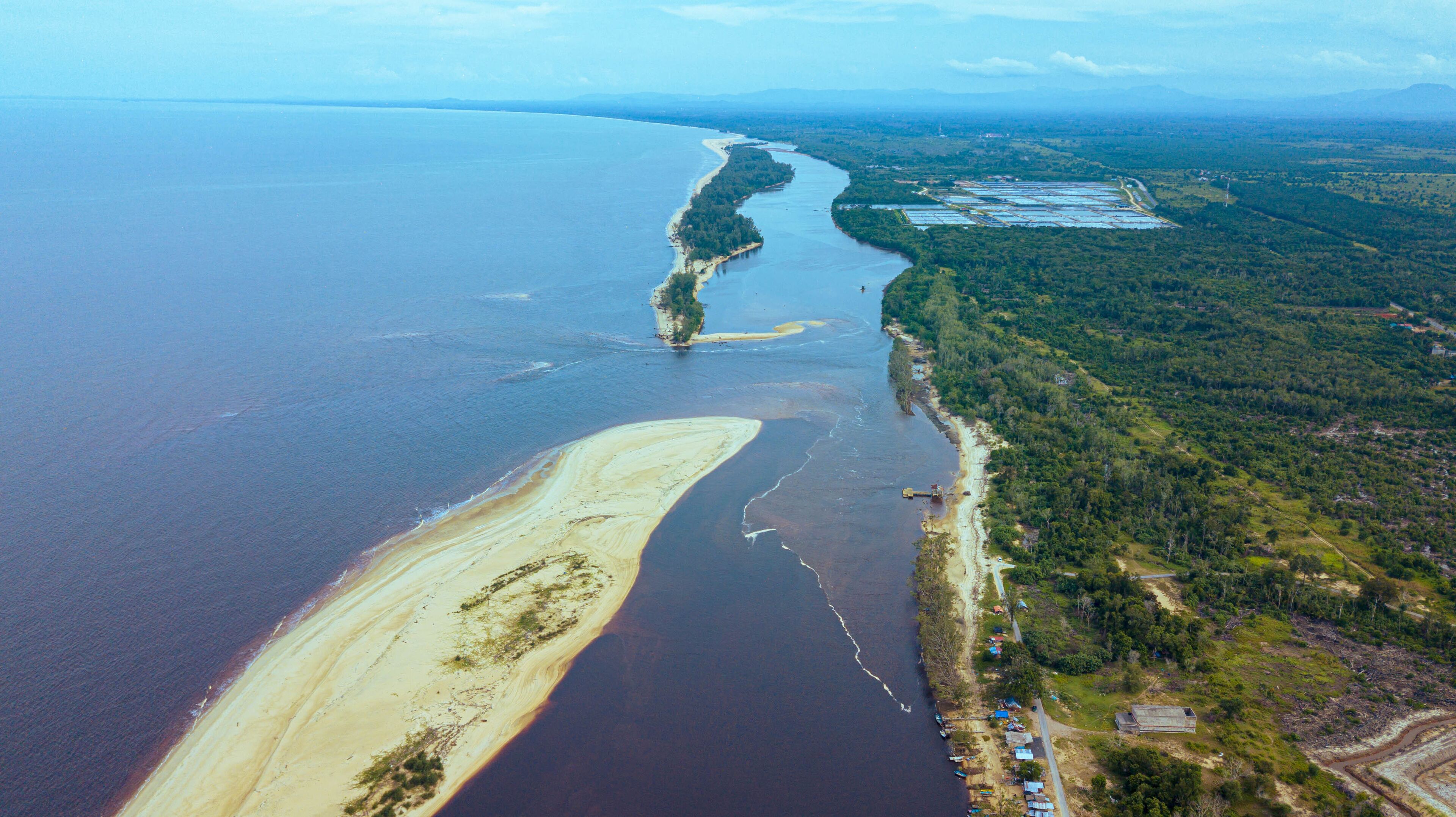 Aerial drone view of coastal scenery in Kampung Badong, Pekan, Pahang, Malaysia