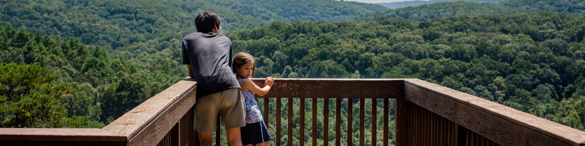 A small child leans against father on platform overlook of forest