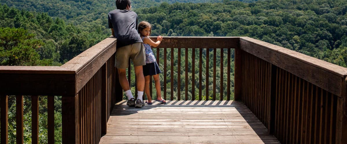 A wooden deck overlooking a forested mountain range.