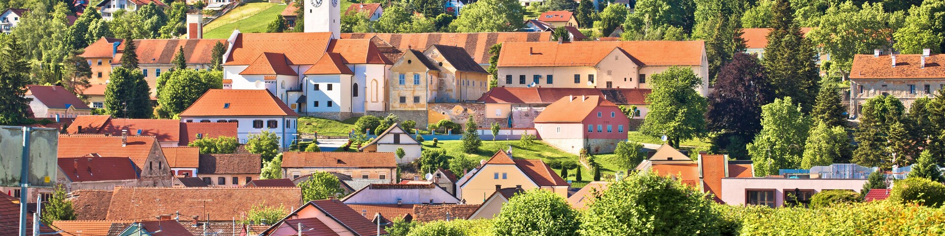 Town of Varazdinske Toplice in green hillside landscape view,