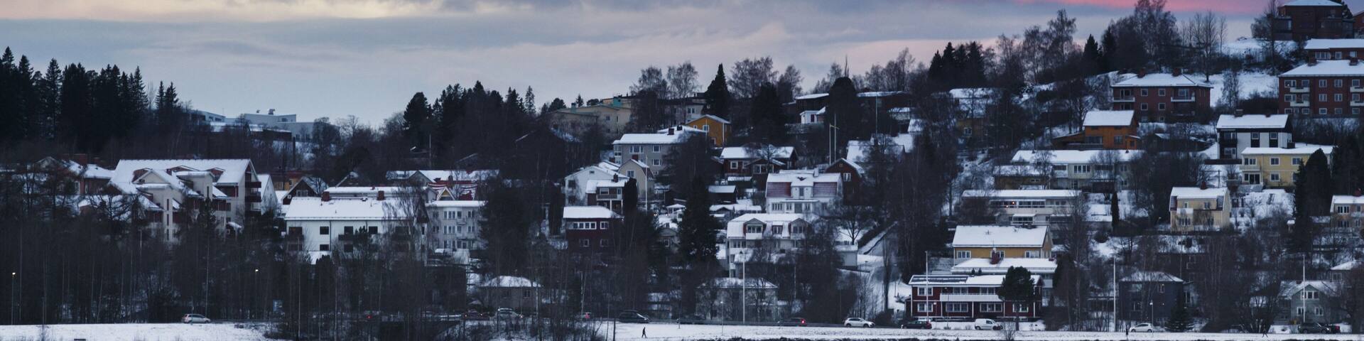 A snowy residential area with houses and trees under a colorful sunset sky.