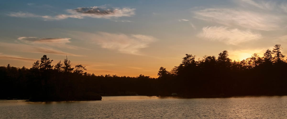 A sunset over a calm lake with silhouetted trees and a clear sky.