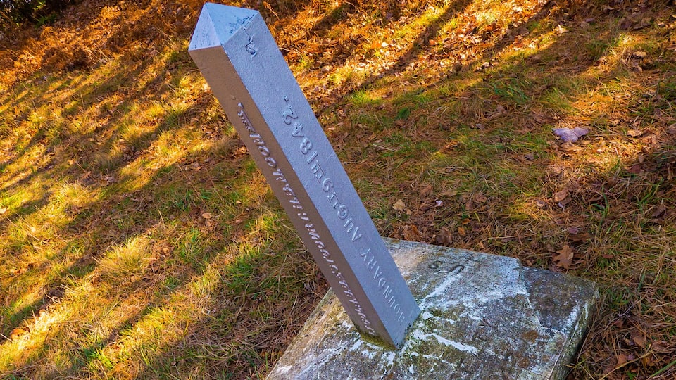 A stone monument with inscriptions in a forested area.