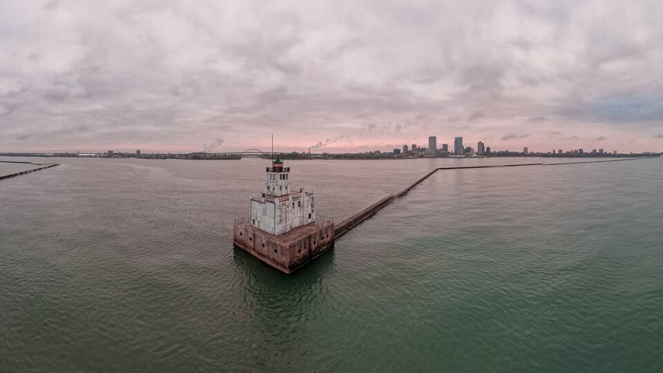 Aerial shot of a lighthouse tower in the bay, Milwaukee, Wisconsin