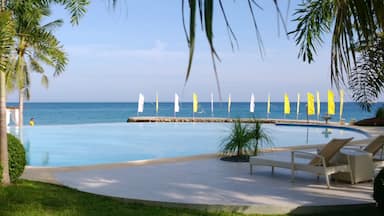 A pool with lounge chairs, palm trees, and flags by the ocean.