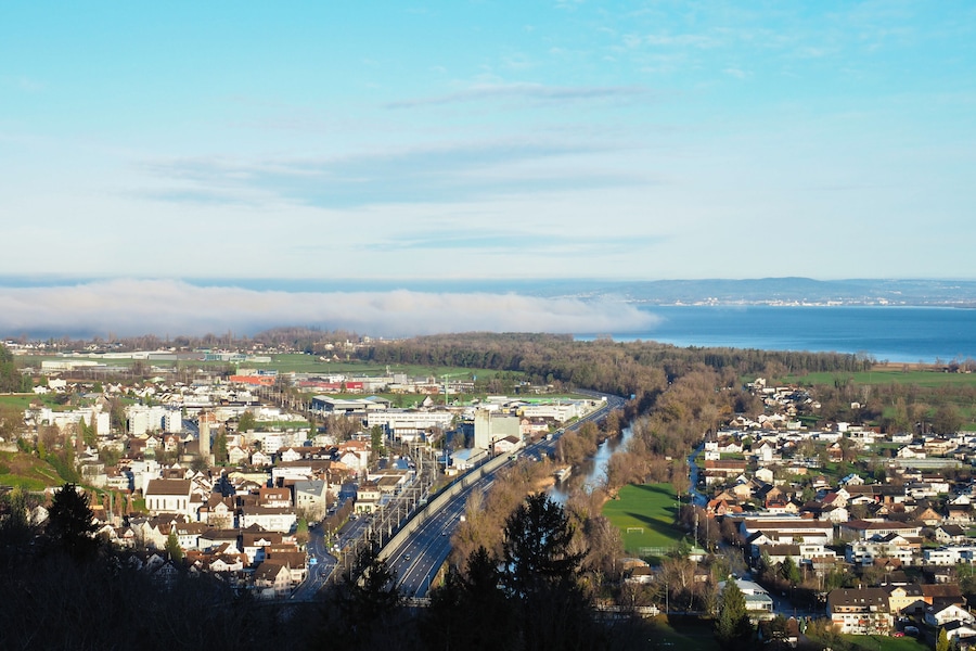 Panoramic view from the hills towards Lake Constance, Switzerland