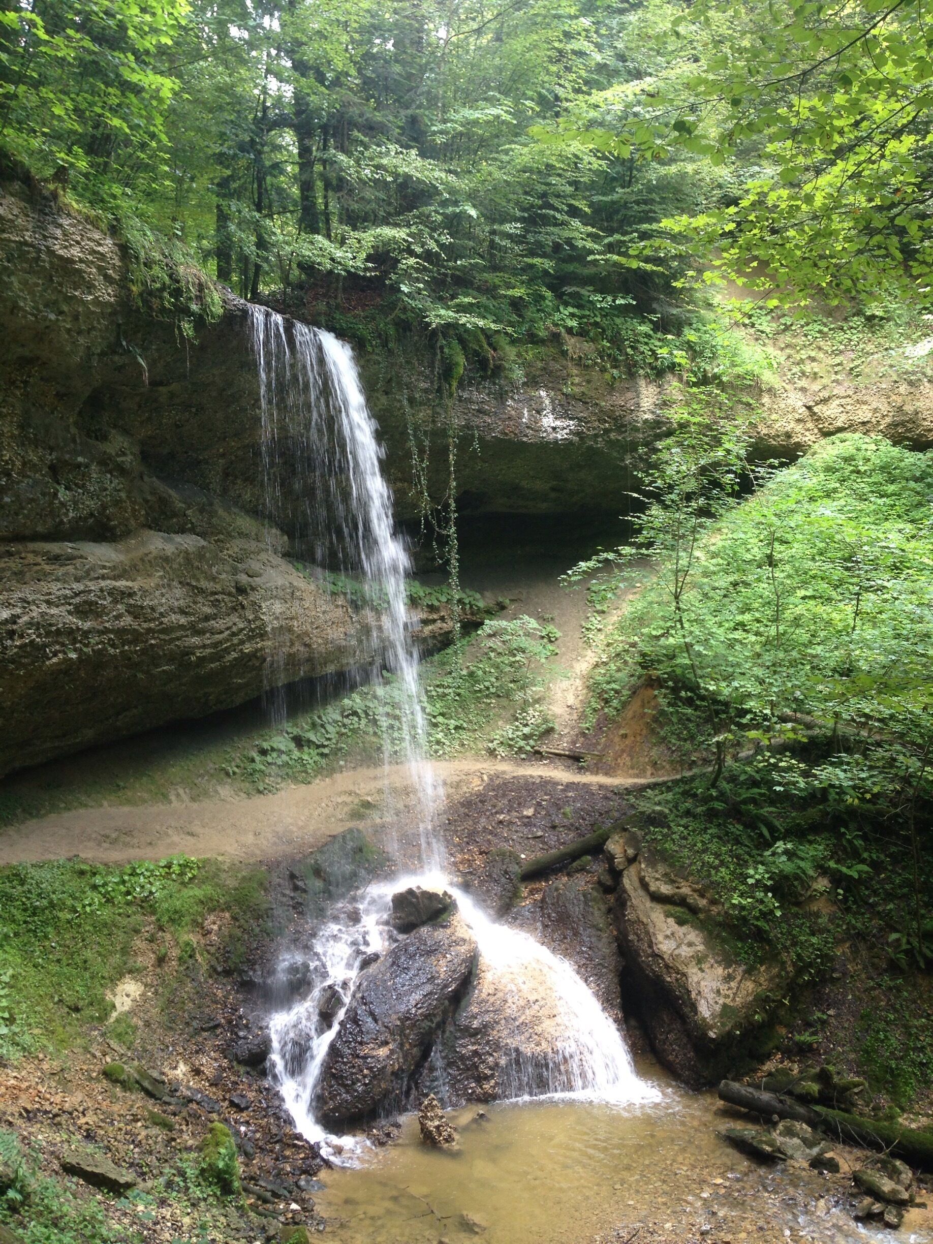 A great and little walkabout in the forest, for youngsters. This little waterfall is one of three. Quite refreshing and a bit of magic as well.

Follow the sign from the main road to downtown Möggers. And leave your stroller at the parking lot. There are many -planned- obstacles on this "Erlebnispfad". http://www.walderlebnispfad.at/ (forest experience track?). 

