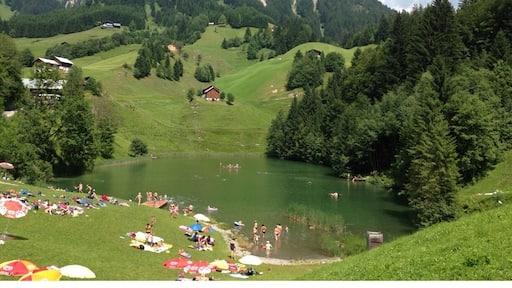 Seewaldsee is a well hidden lake, just below the Seewald mountain. Emerald water, not too cold, gorgeous views.
It is a 30 min walk from the road between Fontanella and Damühls. You can't get there by car, but these days a small train brings those who are not able to walk and still want to enjoy the lake.
http://www.seewaldsee.at/ can't #camp there, sorry.