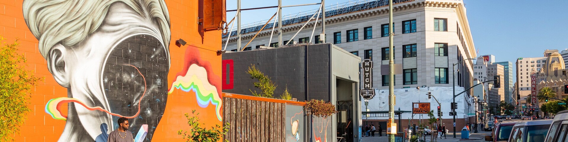 Telegraph Avenue featuring street scenes, outdoor art and a city