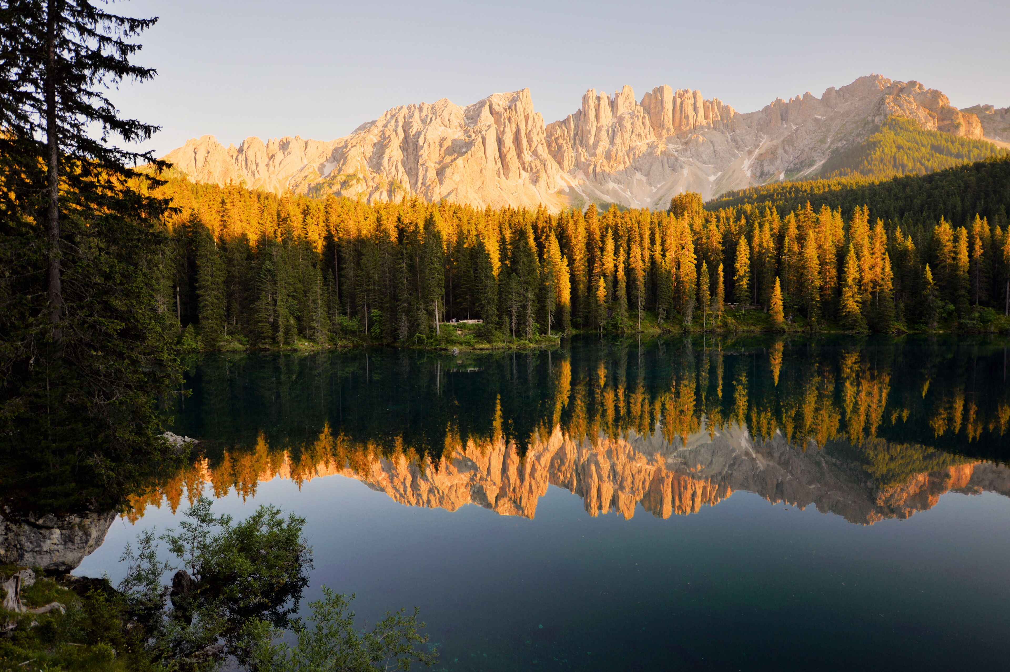 A calm lake reflecting a forest and mountains.
