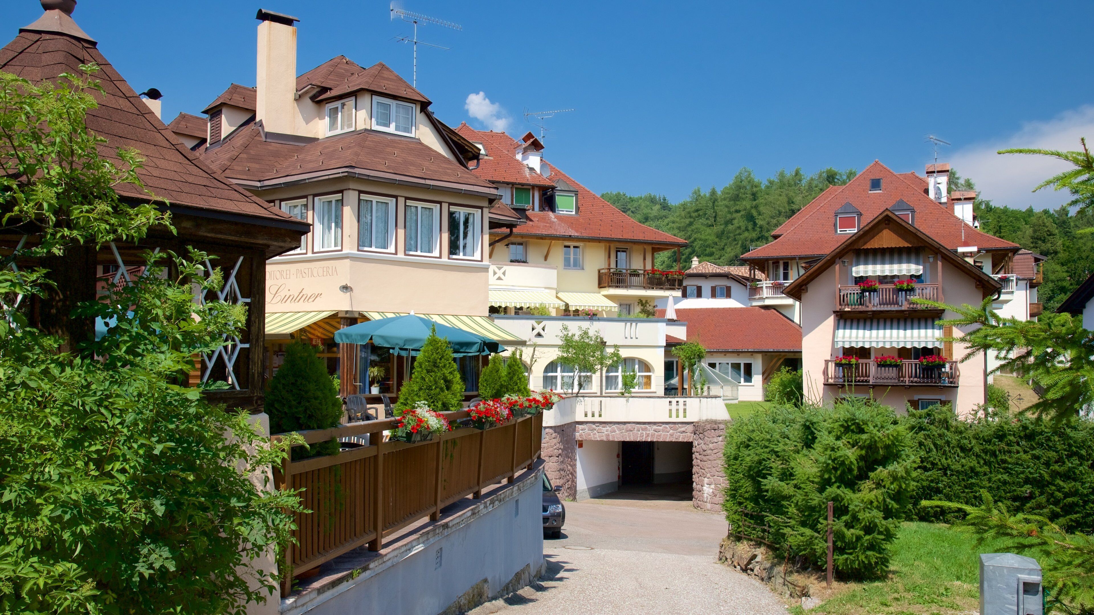A quaint village with traditional houses, a bakery, and a stone bridge.