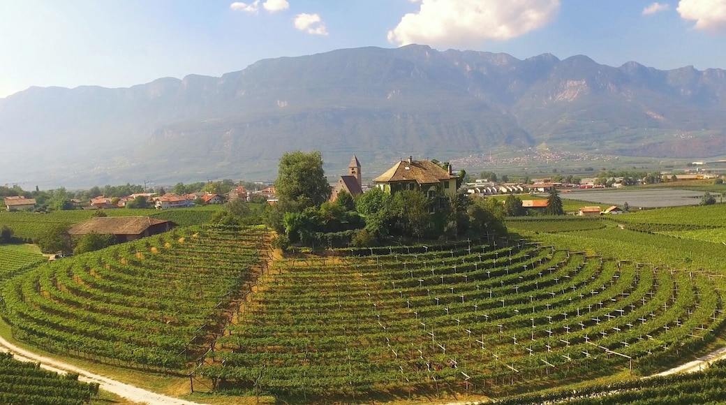 Das Villnerschlössl bzw. Viller Schlössl im Weingut Baron Longo in Neumarkt an der Etsch in SĂŒdtirol mit der Villner Kirche im Hintergrund.