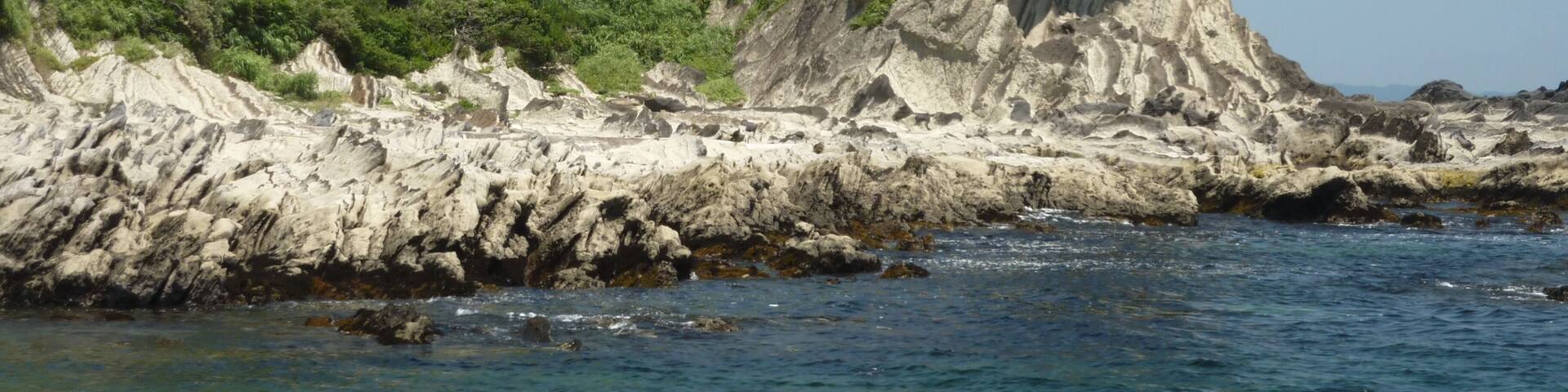 A coastal landscape with a prominent rock formation and lush greenery.
