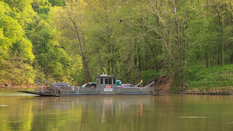 A riverboat docked near a forested area with a warning sign.