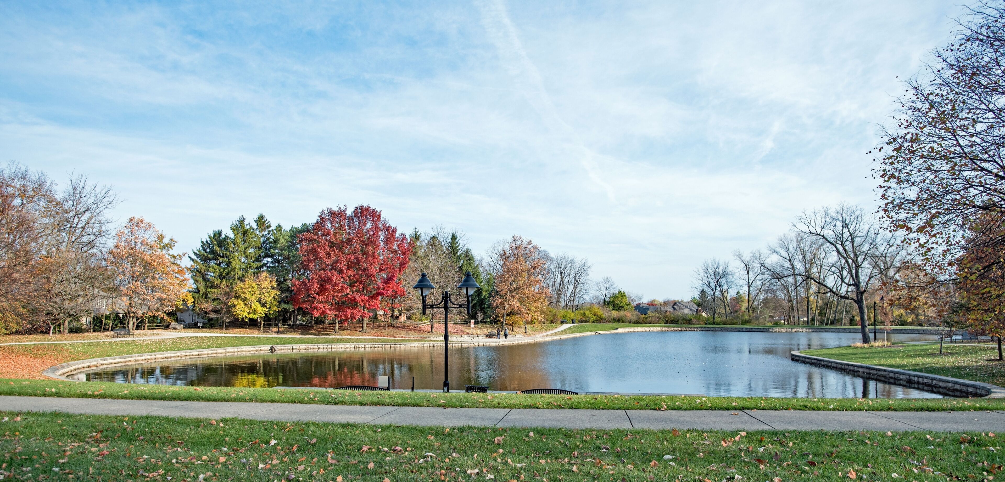 A park with a pond, autumn trees, and a walking path.