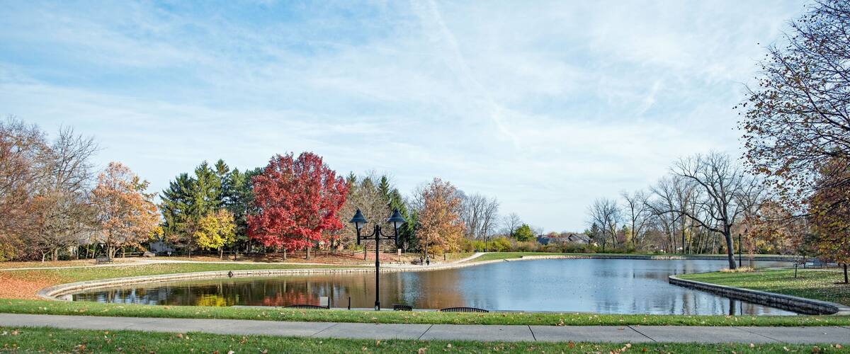 A park with a pond, autumn trees, and a walking path.