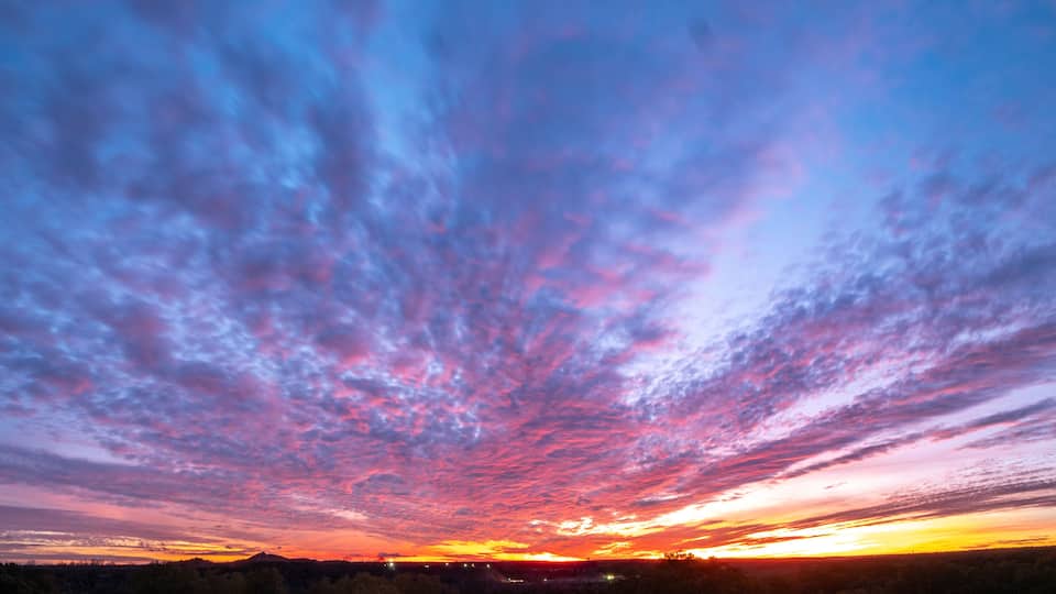 A sunset with a vibrant sky and silhouettes of trees and distant lights.