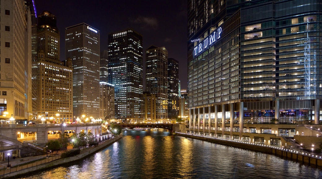 Lake Michigan showing city views, a river or creek and night scenes