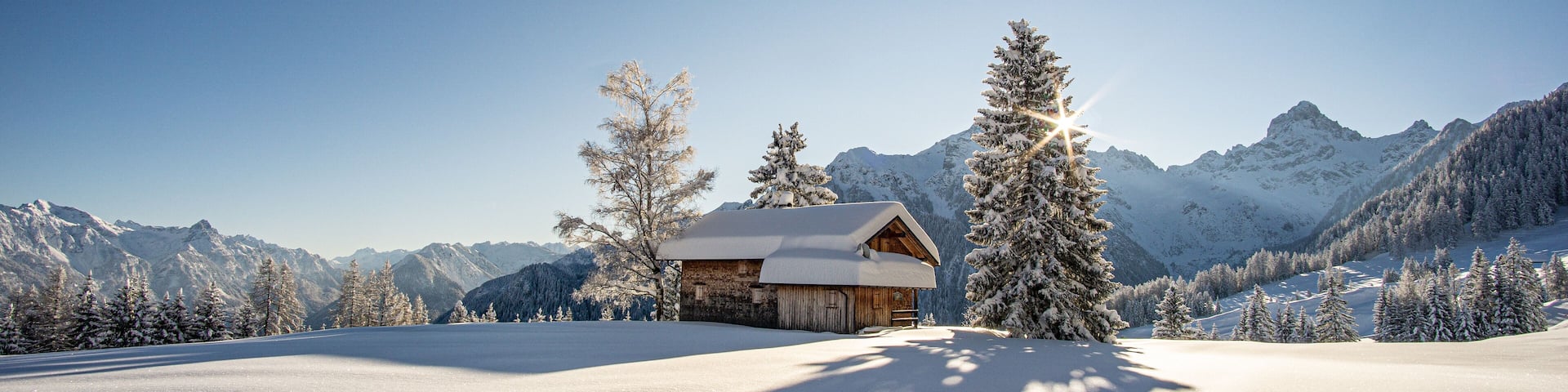Ein Traumhafter sonniger Wintertag in der Vorarlberger Bergwelt. Sonne kommt hinter dem Baum hervor.