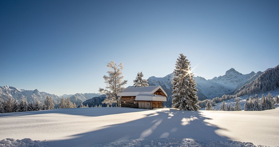 Ein Traumhafter sonniger Wintertag in der Vorarlberger Bergwelt. Sonne kommt hinter dem Baum hervor.