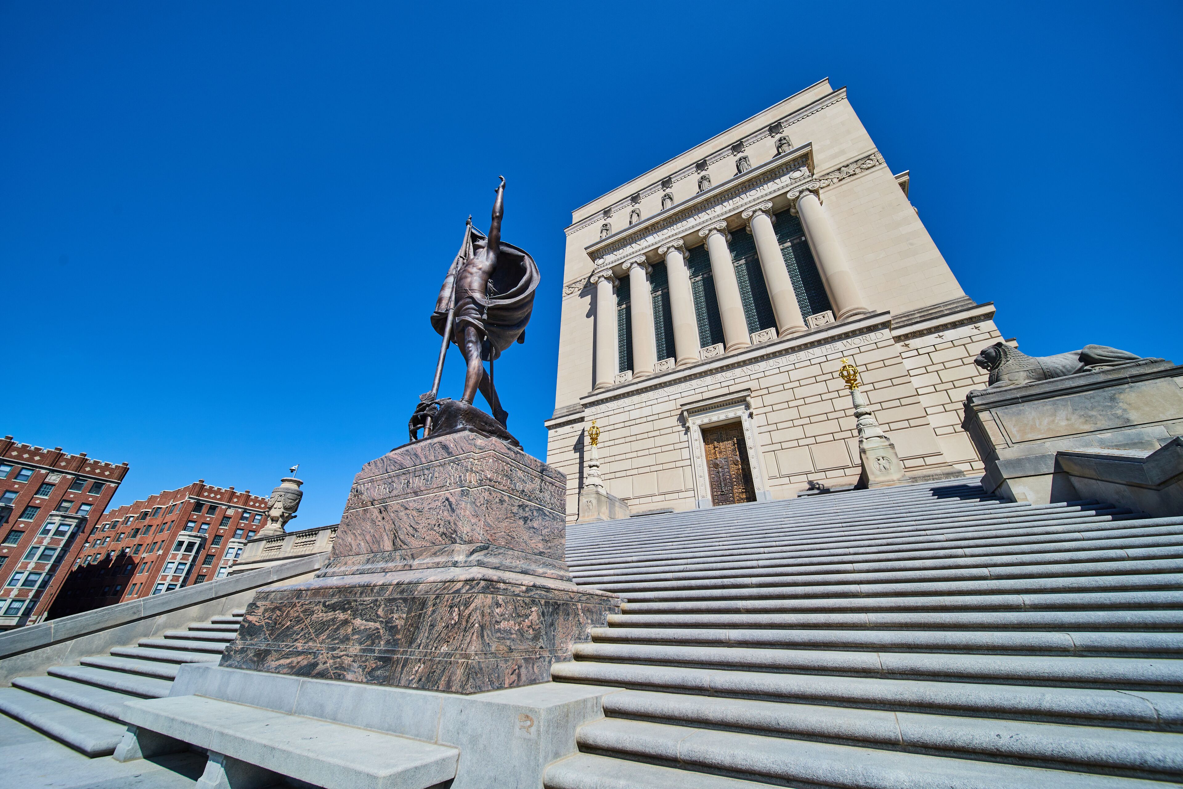 Neoclassical Building and Heroic Statue in Urban Plaza, Indianapolis