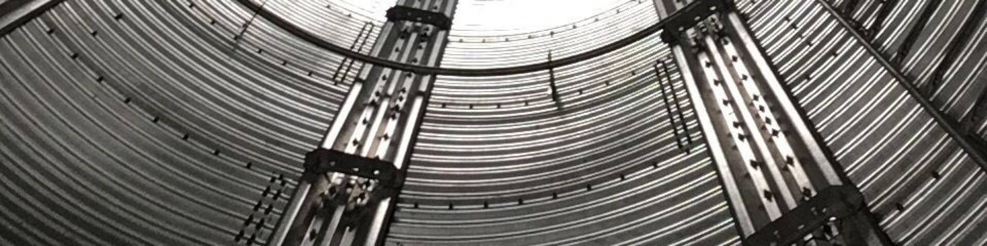 This photo is the view looking up into The Corn Crib restaurantâs silo-inspired entrance. Shelby, Iowa.
#Details