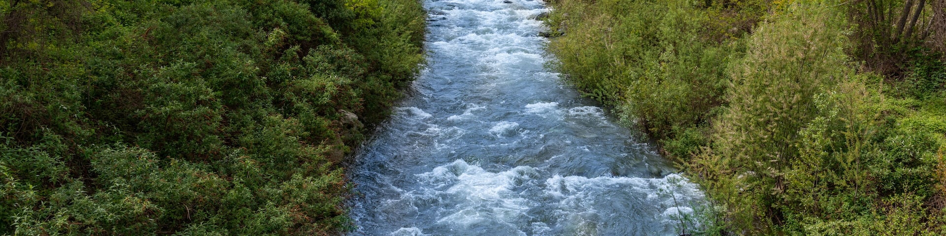 The river Po flows through the woods at Paesana, Italy, 20 km from its source at the foot of Mount Monviso