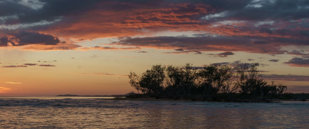 A sunset over a body of water with a small island and trees in the foreground.