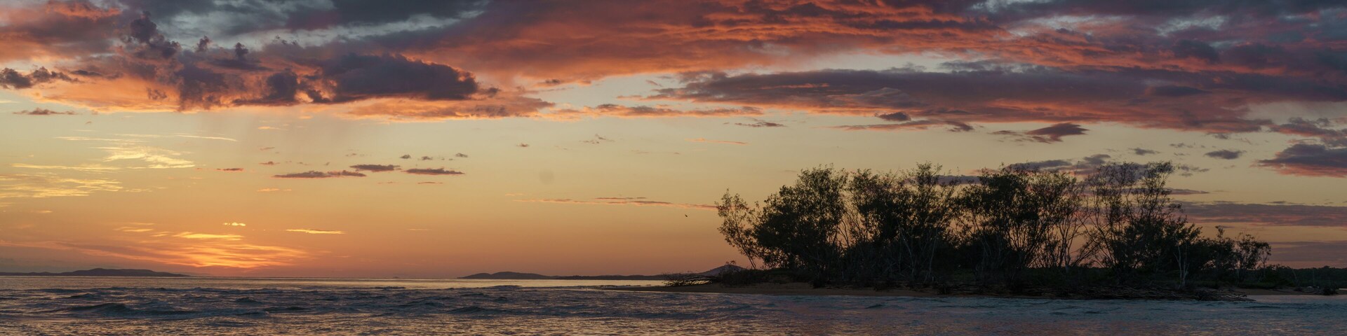 Un atardecer sobre un cuerpo de agua con una pequeña isla y árboles en primer plano.