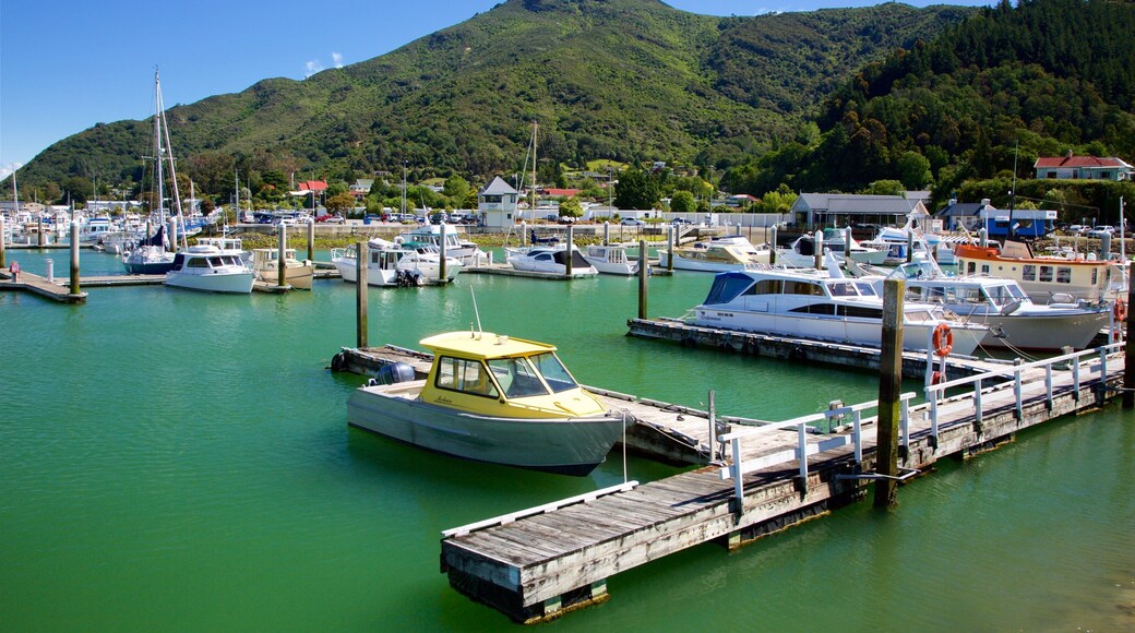Marlborough featuring forest scenes, a marina and mountains