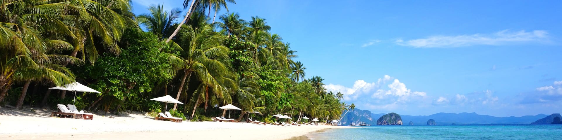 A beach with clear turquoise water, white sand, and palm trees.