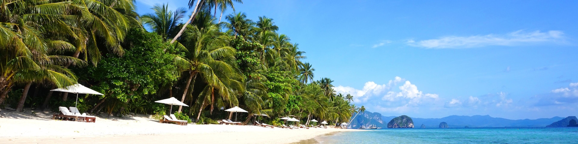 A beach with clear turquoise water, white sand, and palm trees.