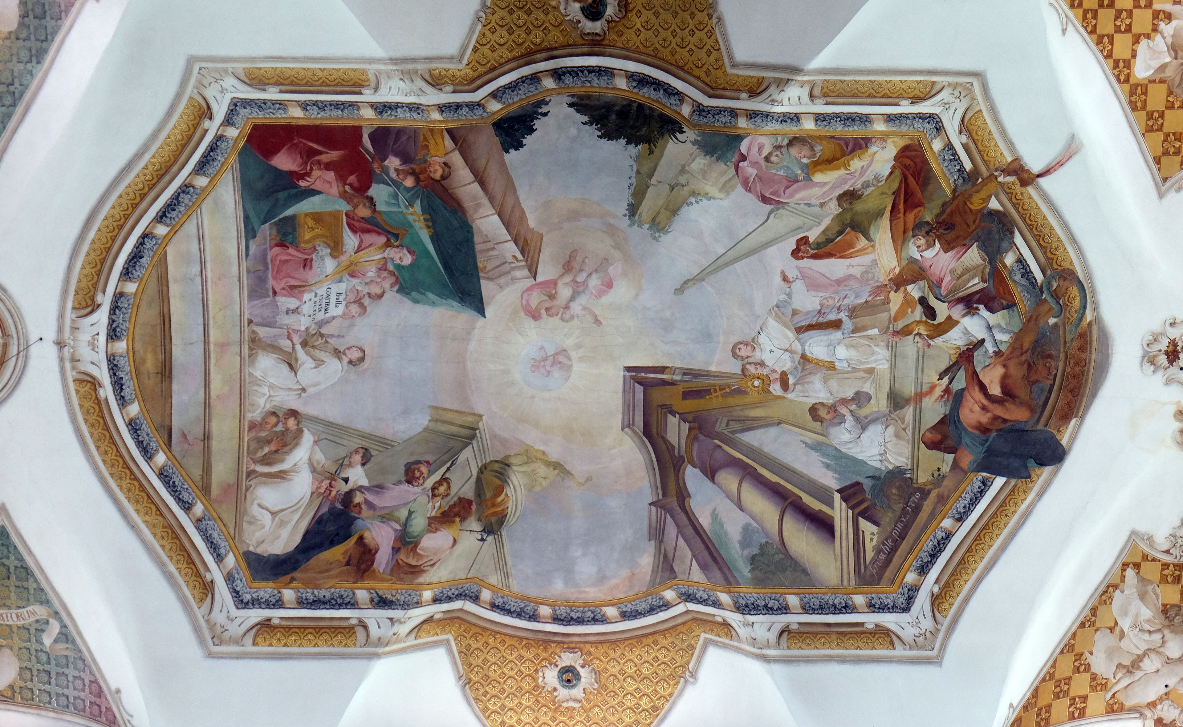 A detailed fresco mural on a ceiling with religious figures and scenes.