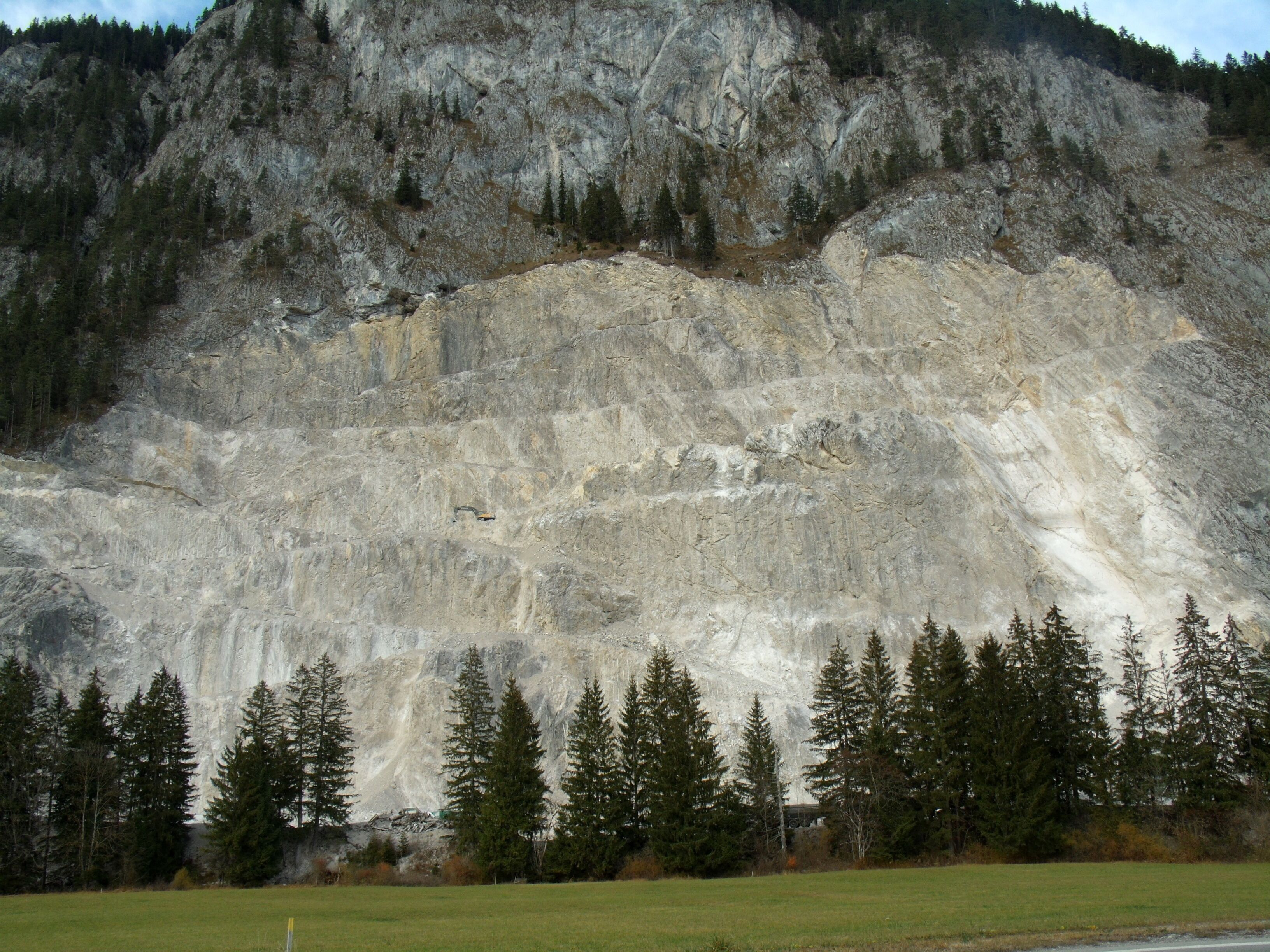 A mountain with a rocky face and a forest at its base.