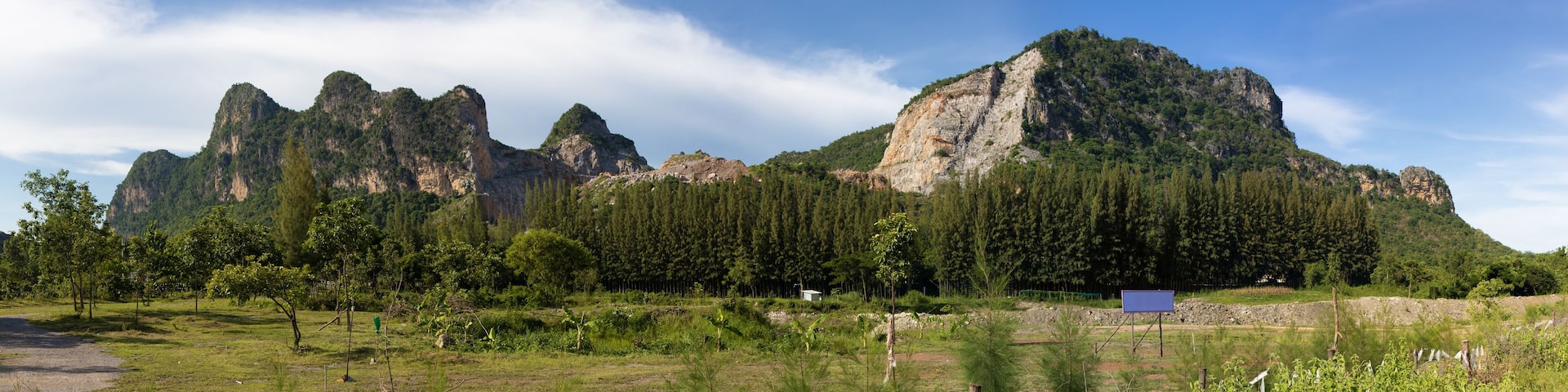 The Panorama of rocky mountains with blue sky, Khao I Bit (Khao Yoi), Thailand.