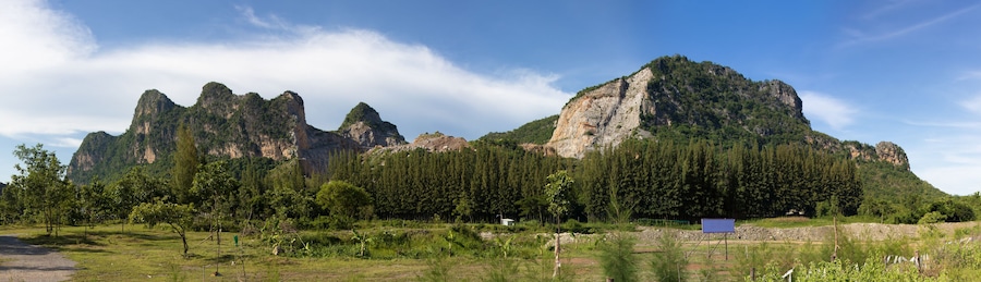 The Panorama of rocky mountains with blue sky, Khao I Bit (Khao Yoi), Thailand.