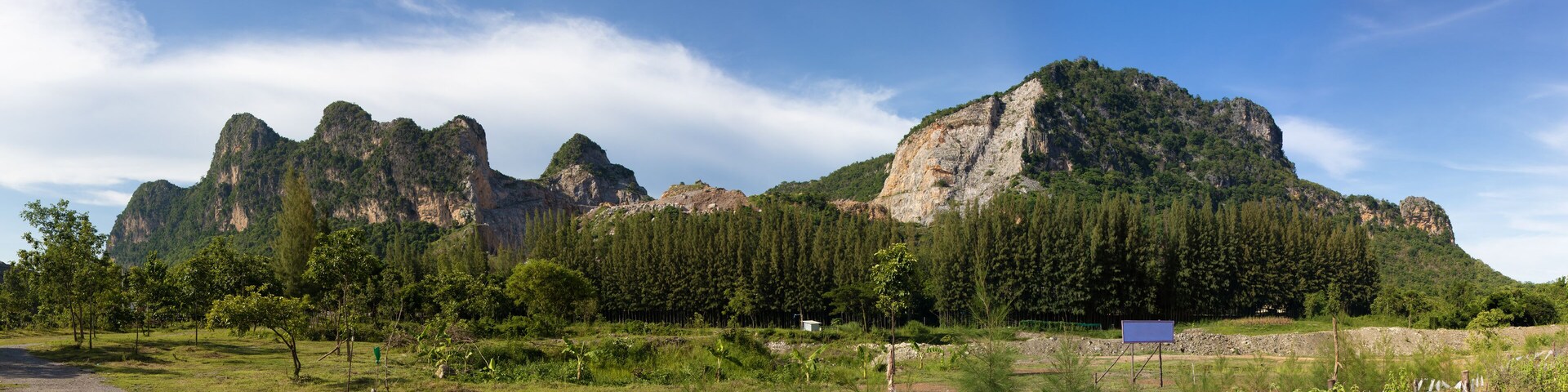 The Panorama of rocky mountains with blue sky, Khao I Bit (Khao Yoi), Thailand.
