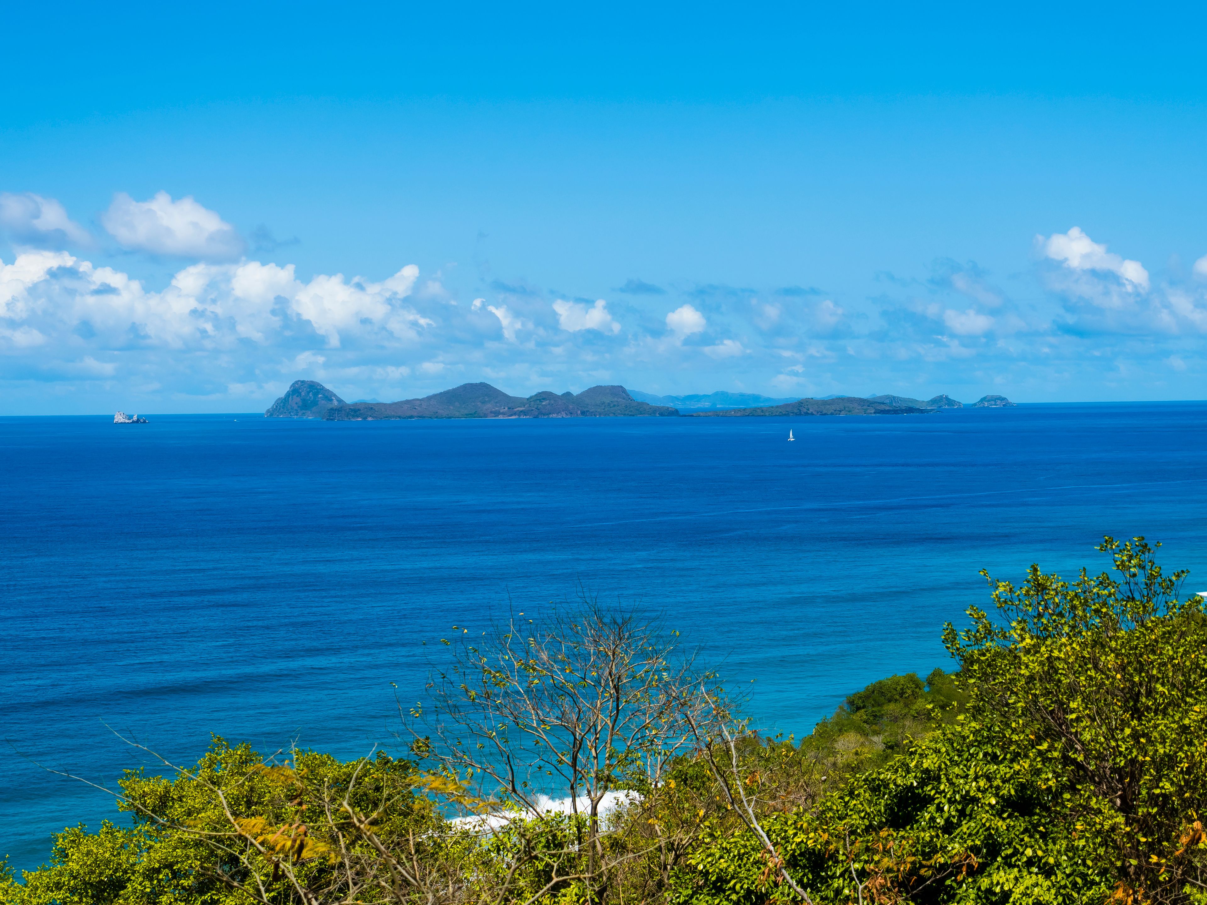 A clear blue sea with a sailboat, distant islands, and lush greenery in the foreground.