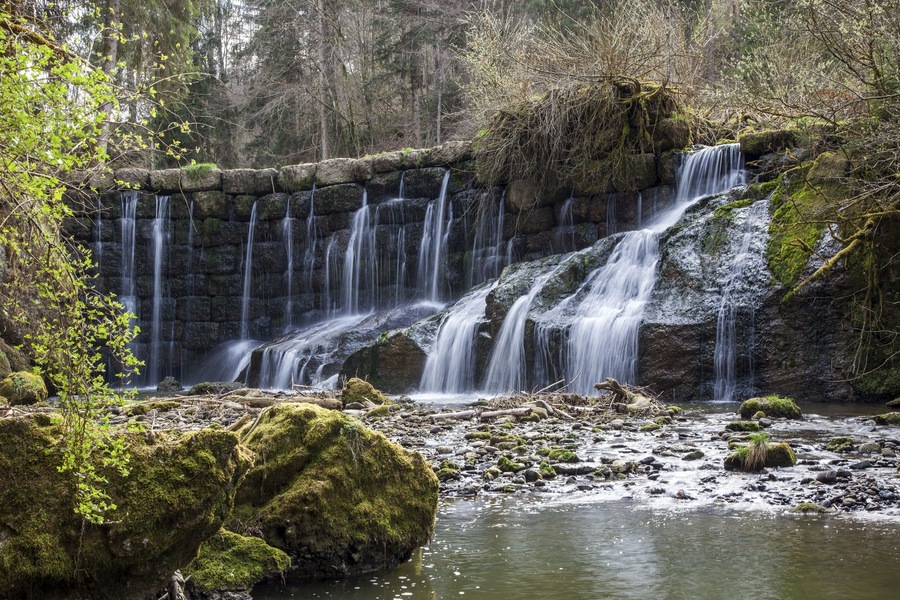 Una cascada escalonada rodeada de rocas cubiertas de musgo y un bosque frondoso.